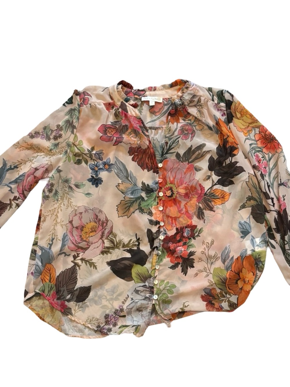 fig and flower Floral Sheer Button-Front Blouse in Beige, Pink, Orange